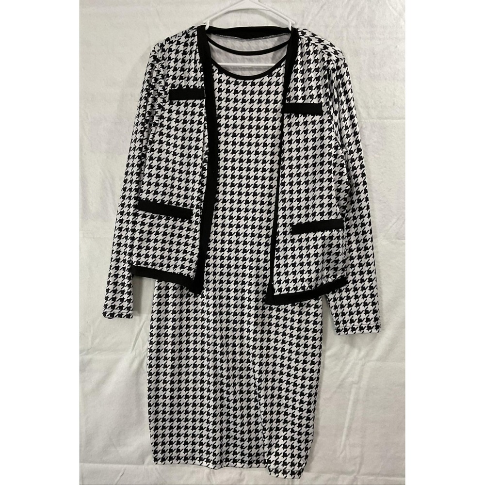 SHEIN Curve Dress Jacket Set Womens 0X Black White Houndstooth Knit Work Office